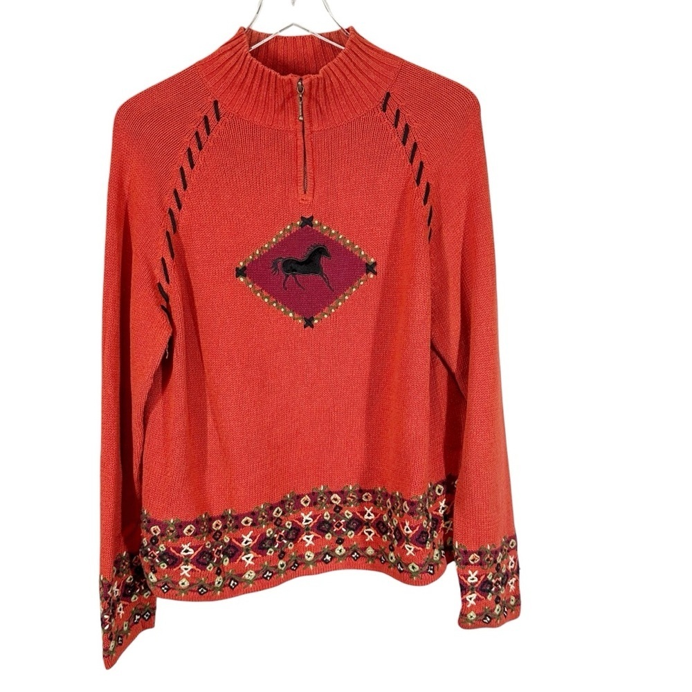 TIMBERLEA Women's Large Mock Neck Novelty Horse Sweater with Embroidery Details